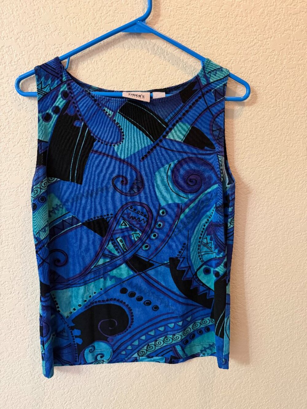 Chicos Size 1 Traveller Blue Multi Print Tank Top